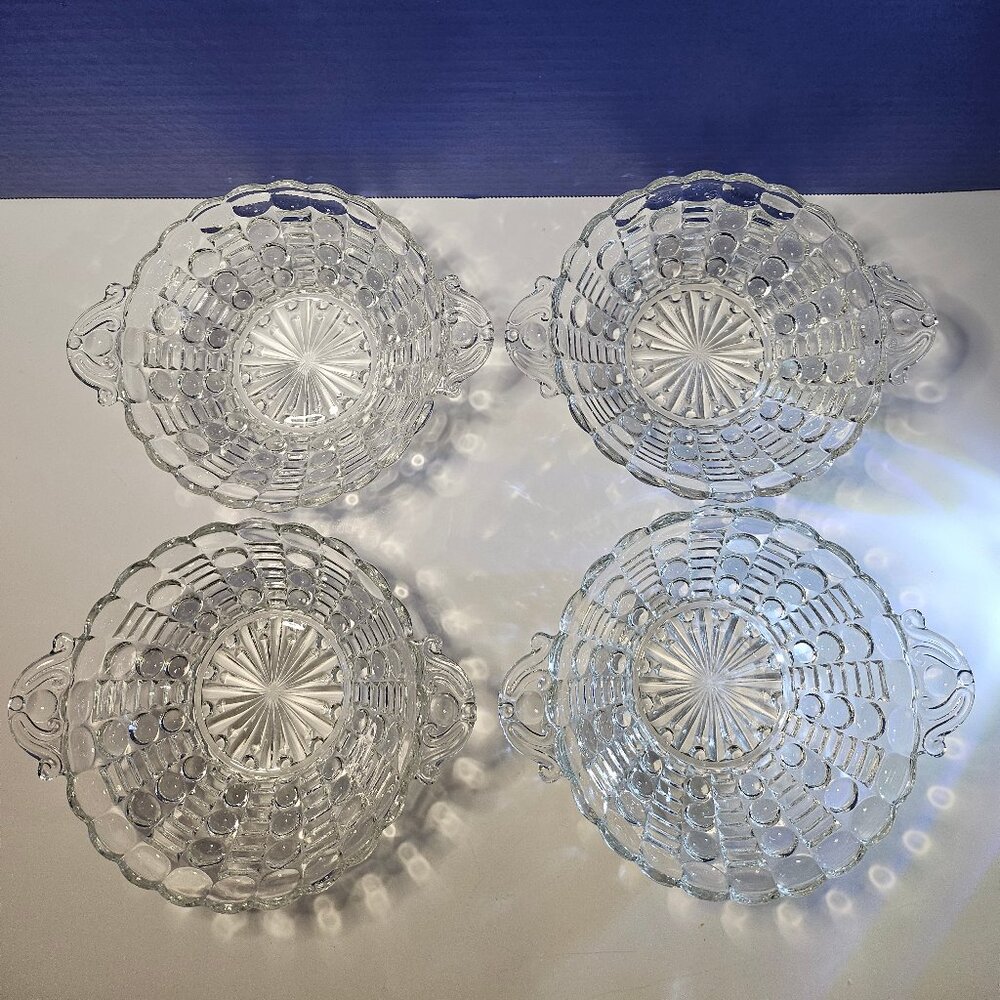 Vintage Anchor Hocking Set of 4 Bubble Glass Bowls With Scroll Tab Handles